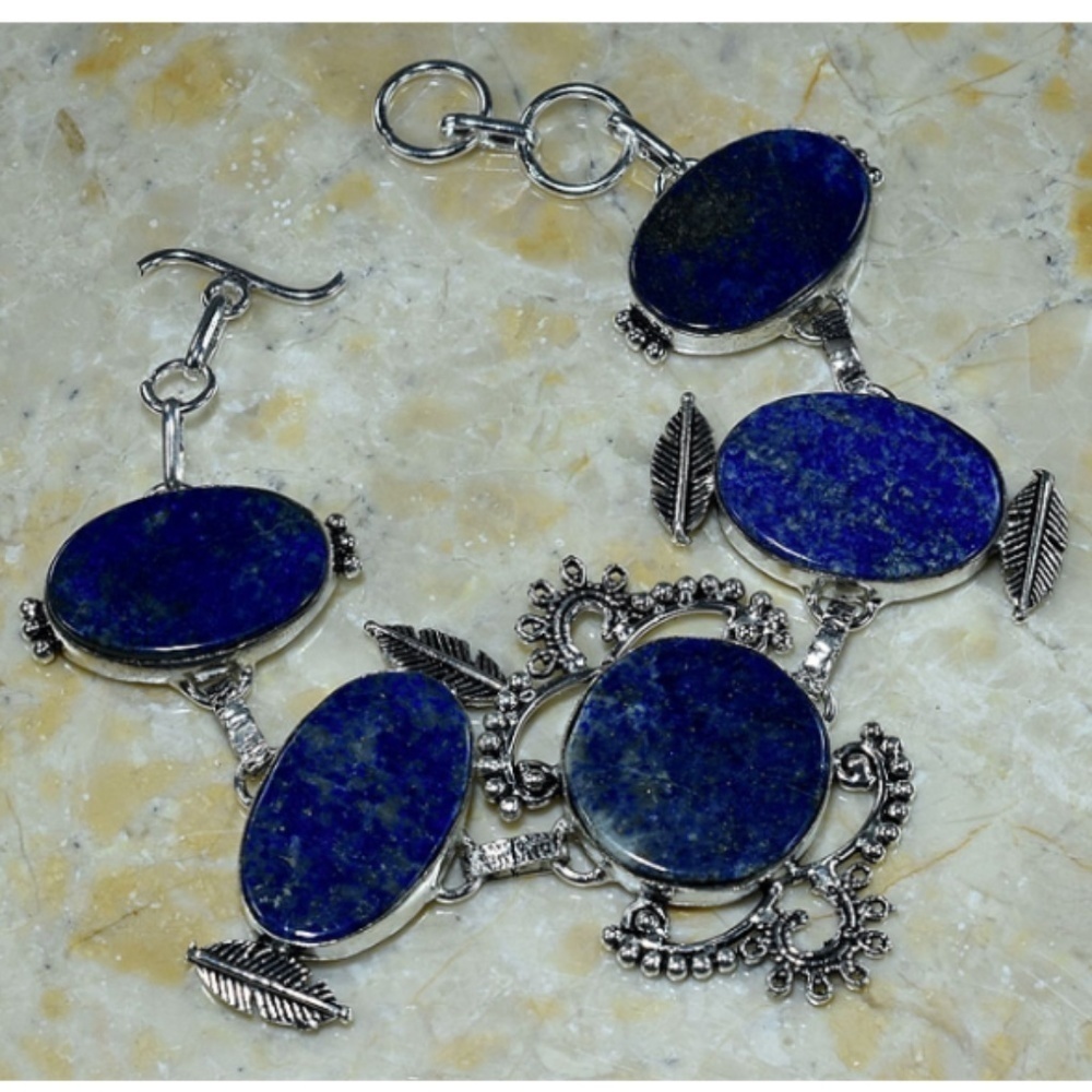 Vintage Lapis Lazuli Statement Bracelet Silver Tone Boho Artisan Link Bracelet